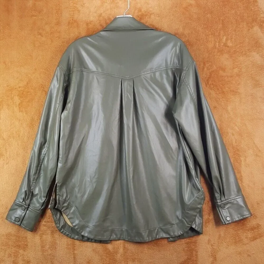 NICHOLAS Jacket Womens Size 6 Green Faux Leather Button Up Shirt ARETHA Shacket